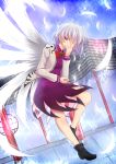  1girl bowtie building covering_mouth dress feathers jacket kishin_sagume nanaharu_(0420) one_eye_closed red_eyes round_window short_hair silver_hair single_wing solo touhou wings 