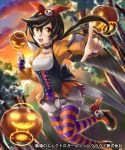  1girl armlet bat bird_wings black_hair bow choker corset hair_bow hair_ornament jack-o&#039;-lantern kaneaki_mukku looking_at_viewer official_art open_mouth orange_eyes platform_footwear pointing pointing_at_viewer pumpkin senjou_no_electro_girl skull_hair_ornament striped striped_legwear sunset wings 