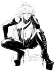  1boy boots gloves high_heel_boots high_heels kogitsunemaru long_hair looking_at_viewer male_focus monochrome navel nipples simple_background solo squatting touken_ranbu very_long_hair white_background zuwai_kani 