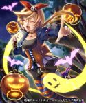  1girl armlet bat bat_wings blonde_hair bow choker closed_eyes corset ghost hair_bow hair_ornament jack-o&#039;-lantern kaneaki_mukku night official_art open_mouth platform_footwear pointing pointing_at_viewer pumpkin senjou_no_electro_girl skull_hair_ornament sky star_(sky) starry_sky striped striped_legwear wings 