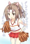  1girl alternate_costume bare_shoulders brown_eyes cheerleader collarbone cowboy_shot geizaku hachimaki headband high_ponytail highres kantai_collection looking_at_viewer midriff navel open_mouth pleated_skirt pom_poms red_skirt skirt solo sweat translation_request zuihou_(kantai_collection) 