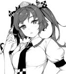  1girl cellphone hat himekaidou_hatate looking_at_viewer monochrome open_mouth phone rokuwata_tomoe simple_background solo tokin_hat touhou twintails white_background 
