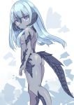  1girl :o ass au_ra blue_eyes blue_hair blue_skin breasts dragon_girl dragon_horns dragon_tail final_fantasy final_fantasy_xiv horns kajio_(maburo) long_hair looking_back nude scales solo tail 