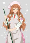  1girl :3 apron brown_hair closed_eyes hair_ornament head_scarf idolmaster idolmaster_cinderella_girls long_hair mizuki_makoto moroboshi_kirari smile solo 