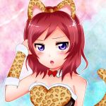  1girl animal_ears blush bowtie cat_ears cat_tail detached_sleeves highres leopard_print looking_at_viewer love_live!_school_idol_project nishikino_maki open_mouth redhead sashimin☆ short_hair solo standing tail violet_eyes 