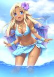  1girl bikini blonde_hair blue_eyes blush breasts cleavage clouds dark_skin elf flower hair_flower hair_ornament jewelry navel necklace open_mouth original pointy_ears sand-rain sasaame sky solo swimsuit water wristband 
