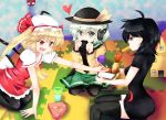  3girls ahoge black_hair black_legwear blonde_hair bow flandre_scarlet food green_eyes green_hair hat hat_bow heart houjuu_nue komeiji_koishi mob_cap multiple_girls open_mouth red_eyes seiza shrimp shrimp_tempura side_ponytail sitting tempura thigh-highs touhou wings 