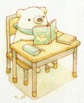  artist_name bear book chair colored_pencil_(medium) no_humans original reading school_desk sitting st.kuma traditional_media watercolor_(medium) 