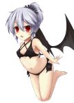  1girl :o akisome_hatsuka alternate_costume alternate_hairstyle bare_arms bat_wings bent_knees bikini black_bikini midriff navel open_mouth pointy_ears ponytail purple_hair red_eyes remilia_scarlet short_hair simple_background solo swimsuit touhou white_background wings 
