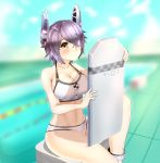  1girl :&lt; blurry boruhis breasts brown_eyes cleavage depth_of_field eyepatch headgear highres kantai_collection looking_at_viewer navel pool purple_hair short_hair sitting smile solo swim_briefs swimsuit tenryuu_(kantai_collection) 