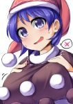  1girl :d blue_eyes blue_hair blush breast_suppress breasts doremy_sweet dress fun_bo hat large_breasts looking_at_viewer nightcap open_mouth pom_pom_(clothes) smile solo spoken_object spoken_x sweat touhou 