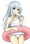  1girl blue_eyes dessert don_(29219) food hibiki_(kantai_collection) ice_cream innertube kantai_collection long_hair looking_at_viewer one-piece_swimsuit open_mouth popsicle see-through silver_hair simple_background solo swimsuit tongue tongue_out twitter_username white_background white_swimsuit 