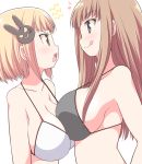  &gt;:d 2girls :d :q asymmetrical_docking bare_shoulders black_eyes blush bra breast_press breasts bunny_hair_ornament celebi_ryousangata from_side hair_ornament height_difference looking_at_another multiple_girls musical_note open_mouth sideboob simple_background smile tongue tongue_out underwear white_background 