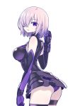  1girl :o arched_back ass bangs bare_shoulders black_dress breasts chan_co dress elbow_gloves fate/grand_order fate_(series) from_behind gloves hair_over_one_eye large_breasts looking_back panties purple_panties revision shielder_(fate/grand_order) short_dress short_hair silver_hair simple_background skindentation sleeveless sleeveless_dress solo thigh_strap underwear violet_eyes white_background 