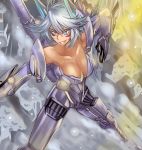  1girl blue_eyes breasts cleavage coyote_tango dos_(artist) headgear mecha_musume pacific_rim shoulder_cannon silver_hair solo 