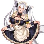  1girl :d breasts cleavage dragon_girl dragon_horns dragon_tail dress dress_lift fangs horns katagiri_hachigou long_hair looking_at_viewer maid maid_headdress monster_girl open_mouth original silver_hair simple_background smile solo tail teeth very_long_hair white_background yellow_eyes 