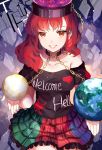  1girl bare_shoulders chain choker clothes_writing collarbone earth_(ornament) hat hecatia_lapislazuli hillly_(maiwetea) legacy_of_lunatic_kingdom long_hair looking_at_viewer miniskirt moon_(ornament) multicolored_skirt plaid red_eyes redhead short_sleeves skirt smile solo t-shirt touhou 