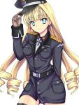  1girl belt blonde_hair blue_eyes daiteikoku drill_hair gloves hat long_hair looking_at_viewer military military_hat military_uniform retia_adolf simple_background smile solo tsukigano uniform white_background 