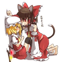  2girls animal_ears bare_shoulders barefoot black_legwear blonde_hair blush bow brown_hair cat_ears cat_tail commentary_request detached_sleeves flandre_scarlet glowing glowing_wings hair_bow hair_tubes hakurei_reimu hat kemonomimi_mode kneeling kumo_(atm) long_sleeves mob_cap multiple_girls open_mouth over-kneehighs puffy_short_sleeves puffy_sleeves red_eyes shirt short_sleeves sitting skirt skirt_set tail thigh-highs touhou vest wall_slam wavy_mouth wide_sleeves wings 