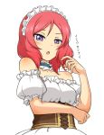  1girl arai_(piyohiko_kt) bare_shoulders blush choker corset love_live!_school_idol_project maid_headdress nishikino_maki pink_hair short_hair simple_background solo translation_request violet_eyes white_background 