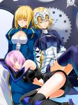  3girls ahoge armor armored_dress bare_shoulders blonde_hair blue_background boots bow braid breasts capelet chain cleavage cleavage_cutout closed_eyes dress elbow_gloves fate/apocrypha fate/grand_order fate/stay_night fate_(series) gauntlets gloves gradient gradient_background greaves hair_bow hair_ribbon headpiece high_heels impossible_clothes juliet_sleeves lap_pillow large_breasts long_hair long_sleeves multiple_girls navel parted_lips pink_hair puffy_sleeves ribbon ruler_(fate/apocrypha) saber shield shielder_(fate/grand_order) shirotsumekusa short_hair single_braid sleeping thigh-highs white_background 