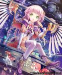  candy clouds elbow_gloves feathers floating_island gears gloves green_eyes hair_ornament high_heels highres licking_lips lollipop mecha mechanical_wings naka_(2133455) navel official_art pink_hair purple_shoes science_fiction senjou_no_electro_girl shoes short_hair thigh-highs tongue tongue_out tower white_gloves white_legwear wings 