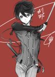  1boy double-breasted horikawa_kunihiro male_focus monochrome red_background ribbon sword tcb touken_ranbu wakizashi weapon 