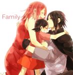  1boy 2girls black_hair family father_and_daughter glasses group_hug haruno_sakura hug husband_and_wife long_hair mother_and_daughter multiple_girls mw_rkgk naruto pink_hair red-framed_glasses short_hair uchiha_sarada uchiha_sasuke 