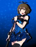  1boy akizuki_ryou bare_shoulders blue blue_background blue_dress brown_eyes brown_hair choker crossdressinging dress idolmaster idolmaster_dearly_stars jewelry male_focus microphone necklace otoko_no_ko seta_makoto short_dress solo thigh-highs zettai_ryouiki 