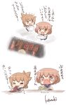  2girls :d ^_^ artist_name brown_eyes brown_hair chopsticks closed_eyes crying crying_with_eyes_open eating fang flying_sweatdrops folded_ponytail food food_in_mouth hair_ornament hairclip ikazuchi_(kantai_collection) inazuma_(kantai_collection) kantai_collection kotanuki_329 long_hair multiple_girls open_mouth plate ponytail sailor_collar sailor_dress short_hair smile tears translation_request wavy_mouth younger 