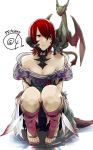  1girl artist_request au_ra bare_shoulders breasts cleavage collarbone dragon dragon_girl dragon_horns dragon_tail feathers final_fantasy final_fantasy_xiv horn_ring horns midgardsormr red_eyes redhead sandals scales short_hair simple_background smile solo squatting tail white_background 