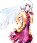  1girl bow bowtie directional_arrow dress dyolf hand_on_hip jacket kishin_sagume long_sleeves purple_dress red_eyes short_hair silver_hair single_wing sketch skirt solo touhou wings 