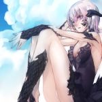  1girl au_ra bangs breasts cleavage daikichi_maru dragon_girl dragon_tail final_fantasy final_fantasy_xiv hair_between_eyes heterochromia highres panties pantyshot pantyshot_(sitting) parted_lips scales short_hair silver_hair sitting solo tail underwear violet_eyes white_panties yellow_eyes 