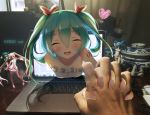  1girl artist_name blush closed_eyes computer figure green_eyes green_hair hatsune_miku holding_hands interlocked_fingers k.syo.e+ laptop long_hair open_mouth photo pov tattoo through_screen twintails vocaloid 