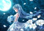  1girl bare_shoulders blue blue_dress blue_eyes blue_hair bouquet dress flower long_hair moon profile pululu solo twintails very_long_hair 