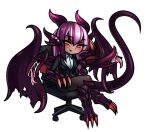  1girl alternate_costume blush chair chibi chin_rest claws dark_skin formal jabberwock_(monster_girl_encyclopedia) long_hair looking_at_viewer monorus monster_girl_encyclopedia office_chair pantyhose paws purple_hair red_eyes simple_background sitting smile solo suit tail white_background wings 