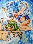  2girls arms_up blue_eyes blue_hair bow cirno daiyousei fallen_down fang green_eyes green_hair hair_bow ice ice_wings multiple_girls ponytail side_ponytail surfing tears touhou vu_(oyavun) waves wavy_mouth wings 
