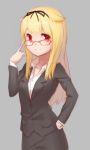  blonde_hair formal glasses gradient_hair hair_flaps hair_ornament hair_ribbon hairclip hand_on_hip highres kantai_collection long_hair multicolored_hair red-framed_glasses red_eyes red_mapleleaf remodel_(kantai_collection) ribbon sketch skirt_suit straight_hair suit yuudachi_(kantai_collection) 