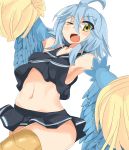  1girl ahoge armpits blue_hair blue_wings breasts cheerleader fang feathered_wings harpy highres karatakewari monster_girl monster_musume_no_iru_nichijou navel one_eye_closed open_mouth papi_(monster_musume) pom_poms simple_background skirt solo white_background wings yellow_eyes 