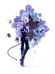  1boy add_(elsword) animal_hood black_shirt boots cropped_jacket elsword flask gloves grin hand_on_own_face highres hood hoodie hwansang knee_boots male_focus official_art pants shirt smile solo standing time_tracer_(elsword) violet_eyes white_hair 
