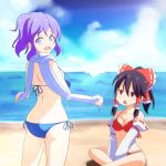  2girls :d ass back bare_back beach bikini blue_eyes blue_hair blush breasts brown_hair cato_(monocatienus) chestnut_mouth detached_sleeves hair_tubes hakurei_reimu indian_style jitome letty_whiterock looking_at_viewer multiple_girls open_mouth red_eyes scarf side-tie_bikini sitting smile swimsuit touhou unamused 