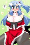  1girl ? akasode_(tyaramu) bare_shoulders blue_eyes blue_hair blush breasts detached_sleeves hair_bobbles hair_ornament highres huge_breasts long_hair open_mouth pantyhose seiza shinki side_ponytail sitting smile solo spoken_question_mark touhou touhou_(pc-98) 