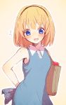  1girl alice_margatroid aoi_(annbi) bag blonde_hair blue_dress blue_eyes bow dress hair_bow highres looking_at_viewer open_mouth shopping_bag sleeveless sleeveless_dress smile solo surprised touhou 