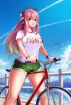  1girl bicycle breasts dominico headphones highres large_breasts legs long_hair looking_at_viewer nitroplus ocean open_mouth pink_hair red_eyes shirt short_shorts short_sleeves shorts solo summer super_sonico taut_clothes taut_shirt watch wristband 