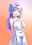  1boy blue_eyes blue_hair blush dress gradient gradient_background hacka_doll hacka_doll_3 hair_ribbon kyabe_tsuka long_hair looking_at_viewer male_focus matching_hair/eyes open_mouth orange_background ribbon smile solo trap white_dress 