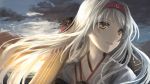 1girl brown_eyes clouds cloudy_sky flight_deck hairband headband japanese_clothes kantai_collection long_hair looking_to_the_side multiple_girls muneate ocean outdoors parted_lips shoukaku_(kantai_collection) silver_hair sky smile solo sunset tamae_(pixiv40276) upper_body water white_hair wind 