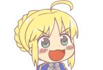  &gt;:d 1girl :d ahoge blonde_hair blush dot_nose fate/stay_night fate_(series) green_eyes gyate_gyate ikiyouz lowres open_mouth saber smile solo 