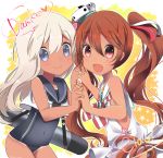  2girls :d bare_shoulders blonde_hair blue_eyes blush brown_eyes brown_hair crop_top dress edel_(edelcat) fang flower german hair_flower hair_ornament hair_ribbon headgear holding_hands interlocked_fingers italian kantai_collection libeccio_(kantai_collection) long_hair looking_at_viewer multiple_girls neckerchief open_mouth ribbon ro-500_(kantai_collection) sailor_collar sailor_dress school_swimsuit smile swimsuit swimsuit_under_clothes tan tanline twintails white_dress 