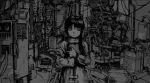  1girl artist_request asymmetrical_hair belt book bubble cable highres holding holding_book hose indoors iwakura_lain long_sleeves looking_at_viewer monochrome serial_experiments_lain short_hair solo 
