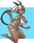  1girl ;) animal_ears artist_request barefoot breasts cat_ears cat_tail cleavage dark_skin fingernails full_body jumping large_breasts lips long_fingernails ms._fortune_(skullgirls) nose one-piece_swimsuit one_eye_closed scar sharp_fingernails short_hair silver_hair skullgirls smile solo swimsuit tail white_swimsuit 